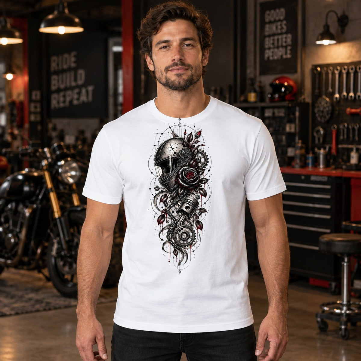 T-shirt blanc unisexe avec le visuel Mechanical Ride – Winshirt