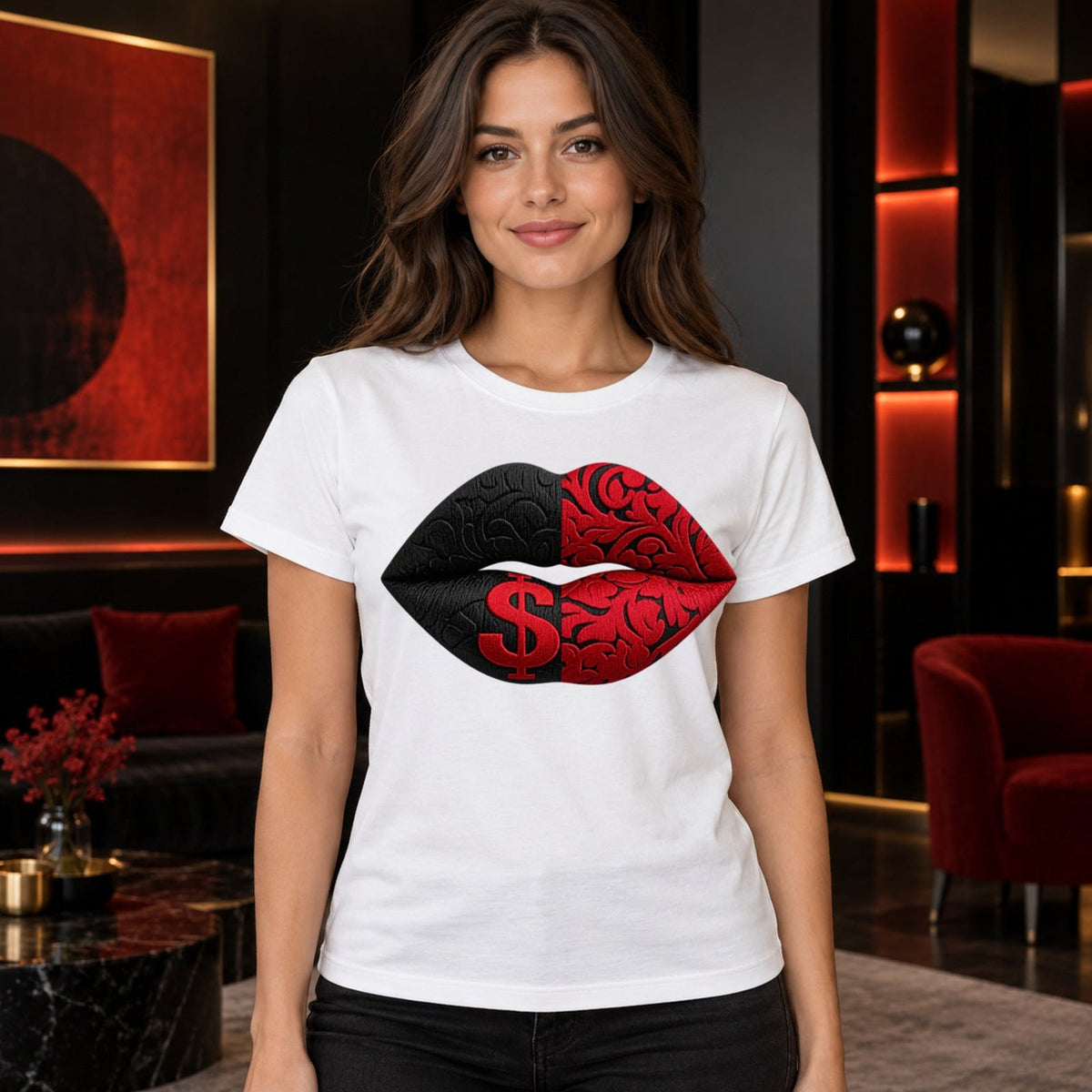 T-shirt blanc unisexe avec le visuel Cash Kiss – Winshirt