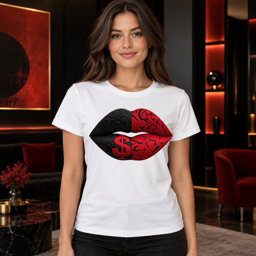 T-shirt blanc unisexe avec le visuel Cash Kiss – Winshirt