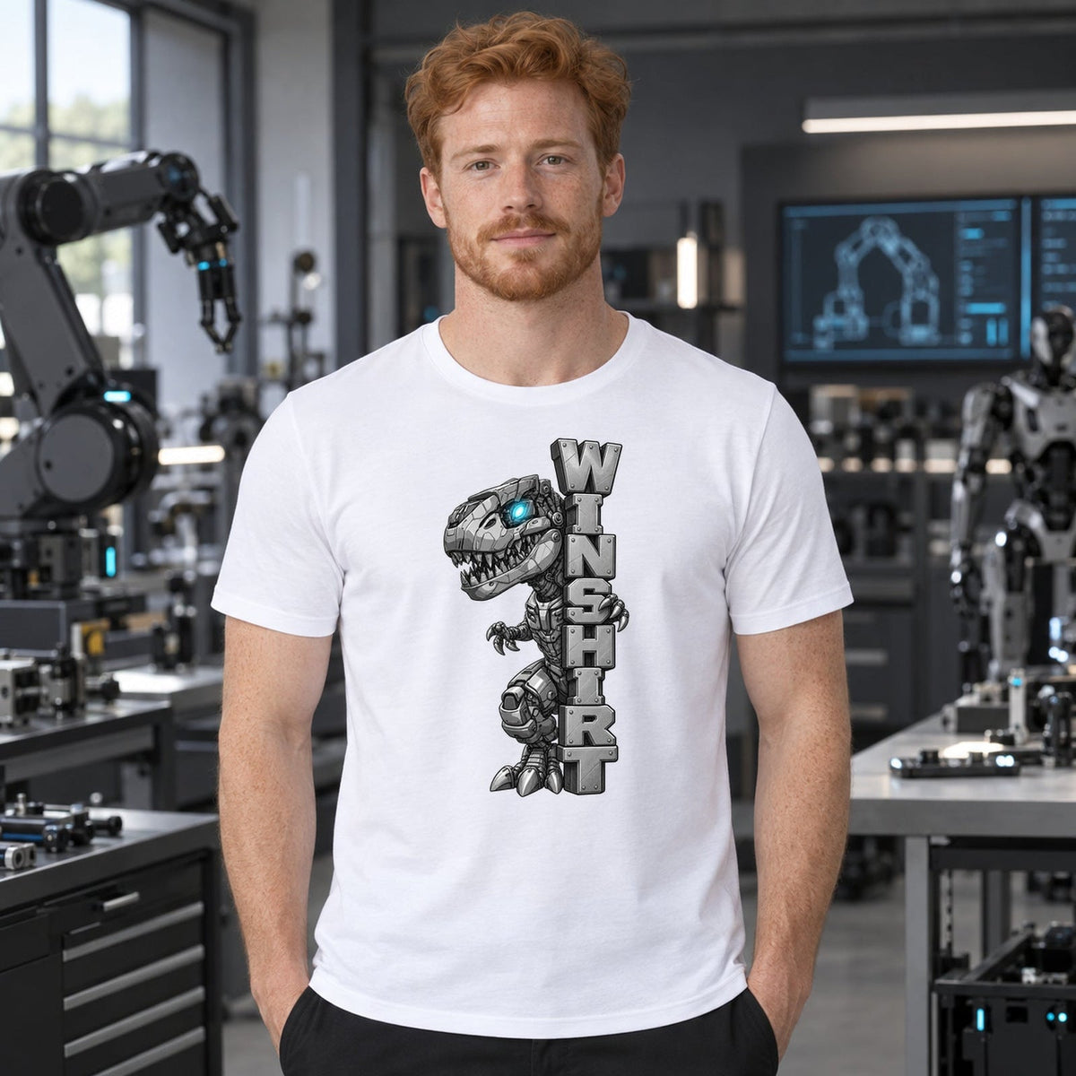 T-shirt blanc unisexe avec le visuel Robot Rex Winshirt – Winshirt