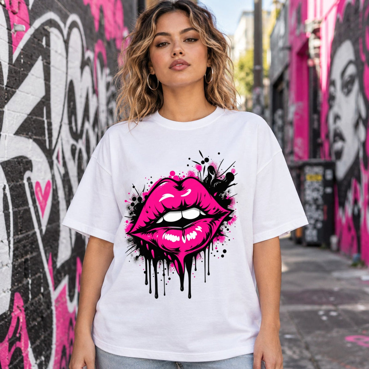 T-shirt blanc unisexe avec le visuel Pink Graffiti Lips – Winshirt