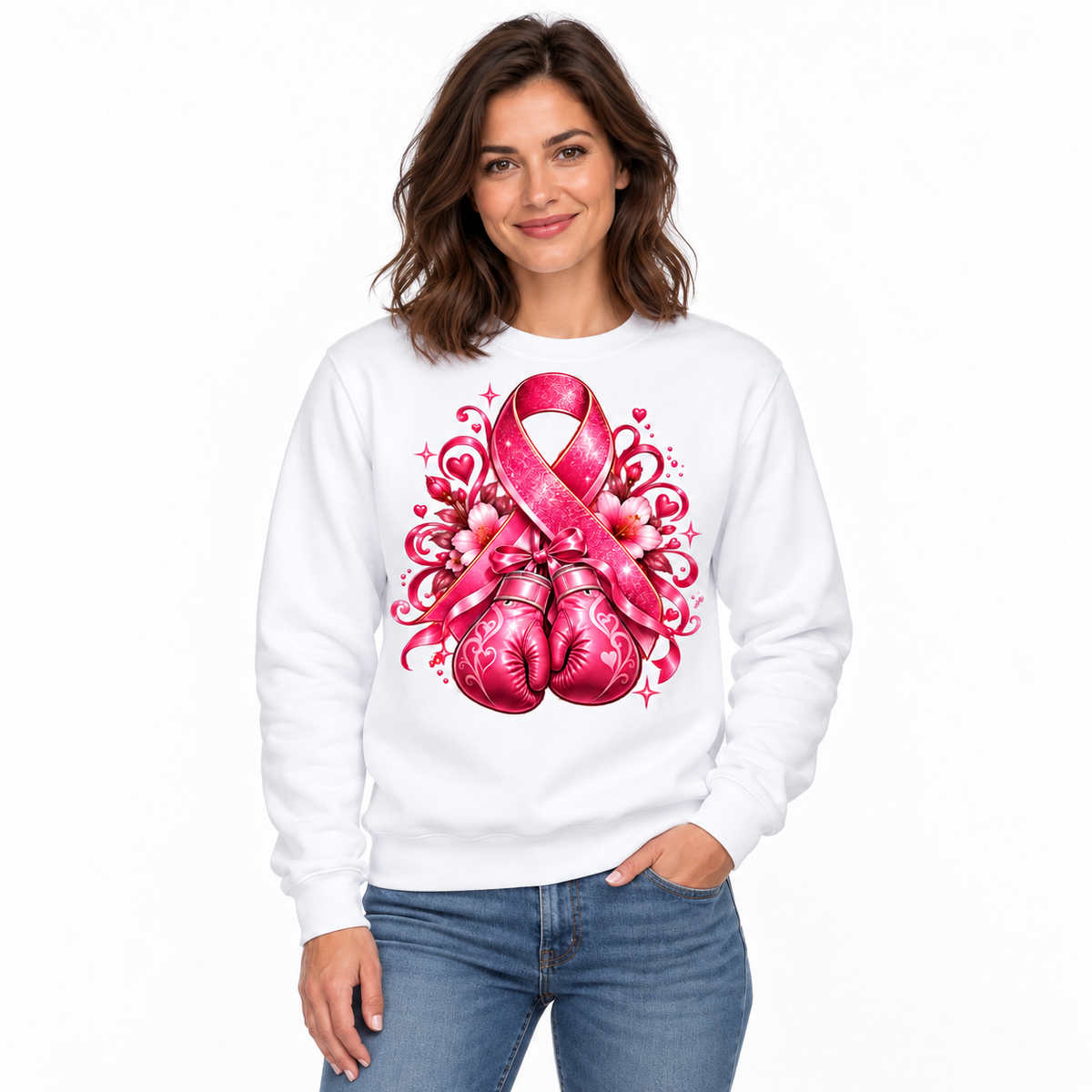Femme portant le sweat col rond blanc Force Rose K474
