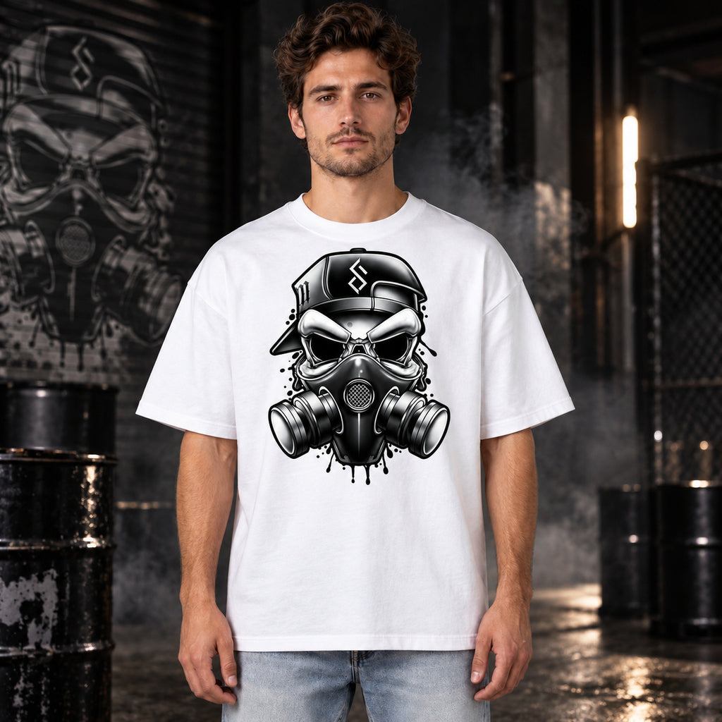 T-shirt blanc unisexe avec le visuel Gas Mask – Winshirt