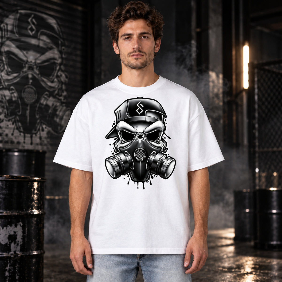 T-shirt blanc unisexe avec le visuel Gas Mask – Winshirt