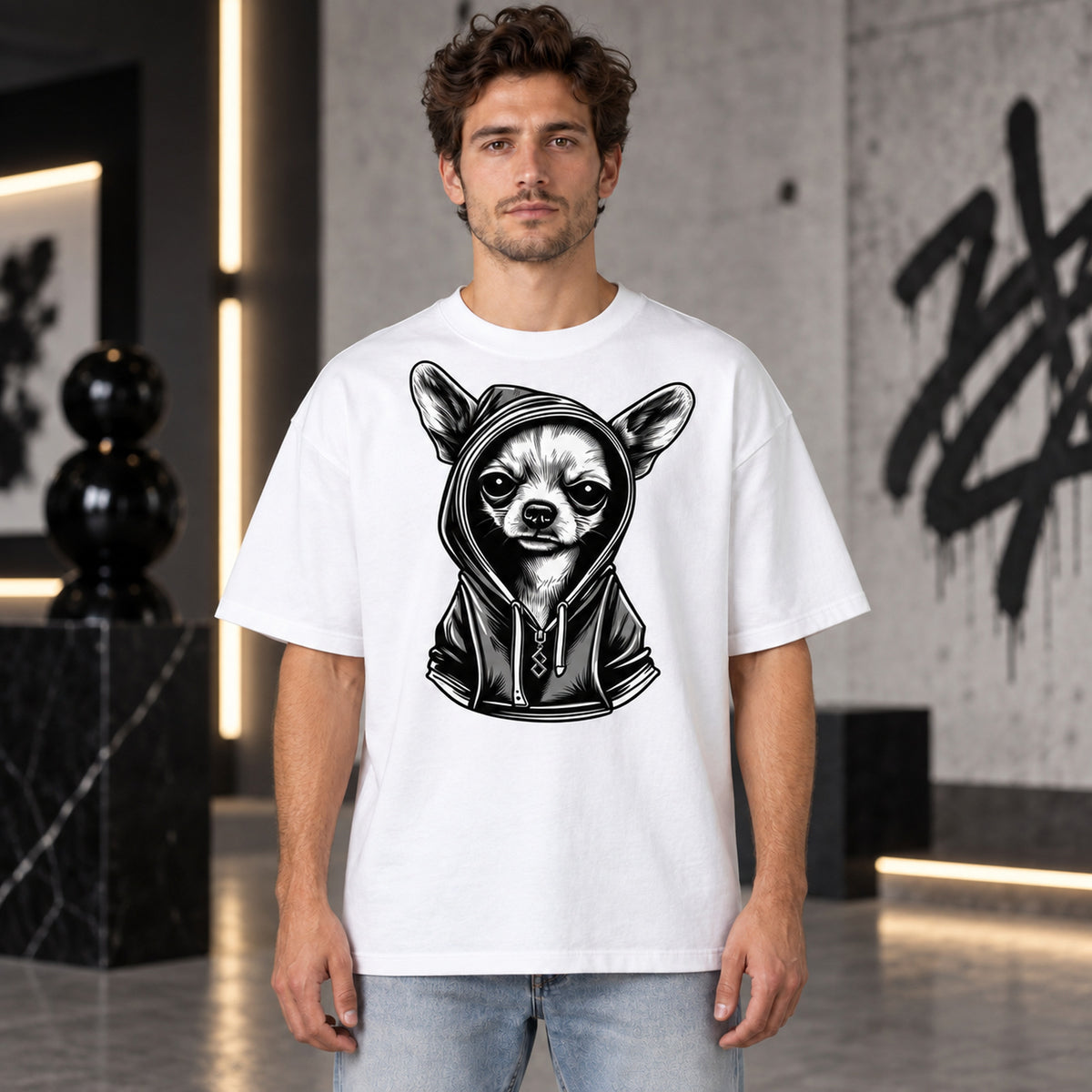 T-shirt blanc unisexe avec le visuel Hoodie Chihuahua – Winshirt