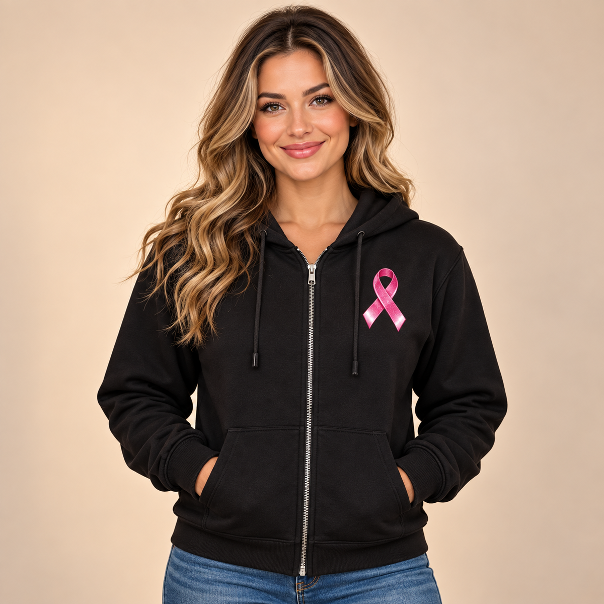 Hoodie zippé Force Rose, petit ruban devant